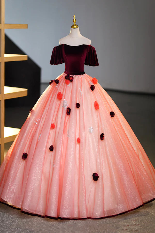 Elegant Velvet Tulle Long Formal Dress Burgundy Off the Shoulder Sweet Flower Party Dress