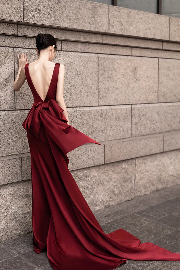 Burgundy V-Neck Satin Long Prom Dress Burgundy Backless Evening Dress with Bow