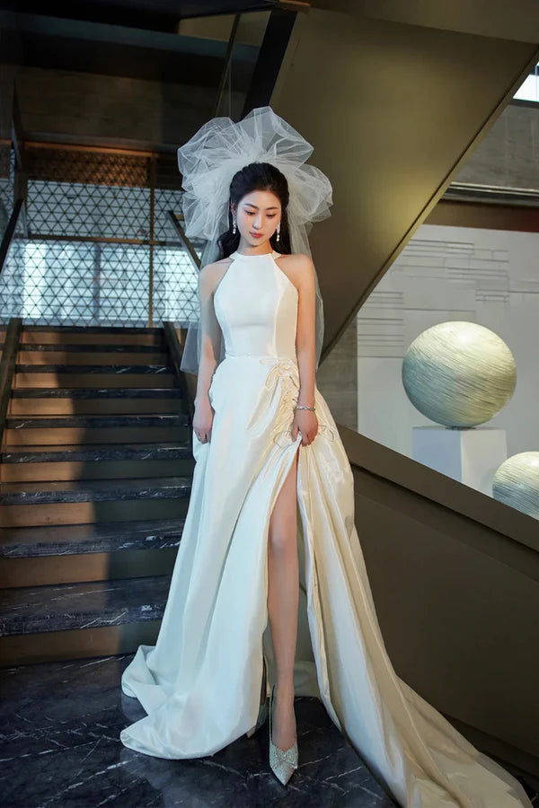 White Satin Long Prom Dress with Slit Elegant A-Line Backless Evening Party Dress