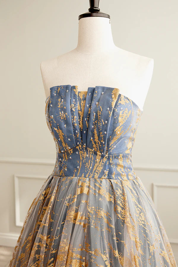 Cute Gradient Tulle Long Formal Dress A-Line Strapless Prom Dress Evening Dress