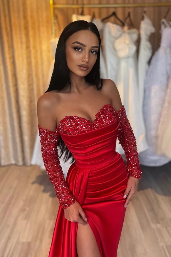 Red Sweetheart Satin Sequins Prom Dress Red Long Sleeve Evening Party Dress