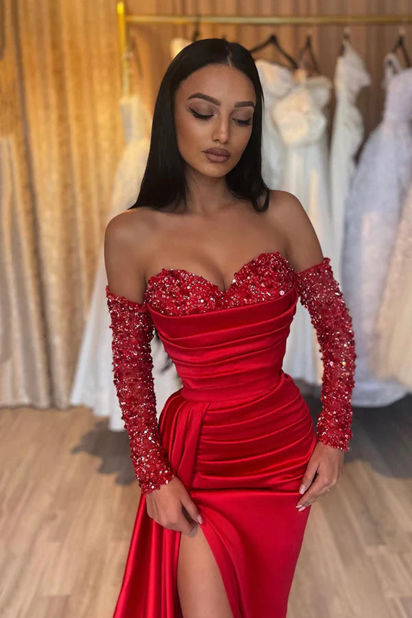Red Sweetheart Satin Sequins Prom Dress Red Long Sleeve Evening Party Dress