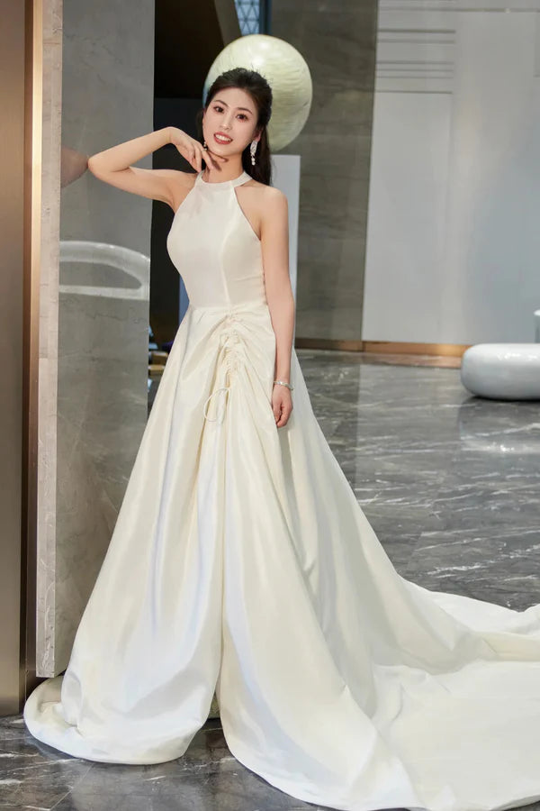White Satin Long Prom Dress with Slit Elegant A-Line Backless Evening Party Dress