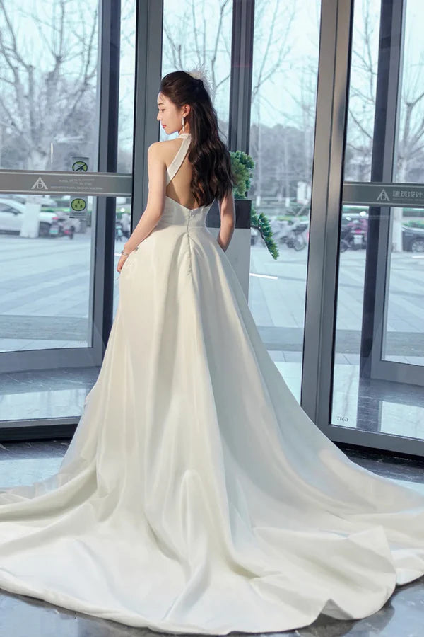 White Satin Long Prom Dress with Slit Elegant A-Line Backless Evening Party Dress
