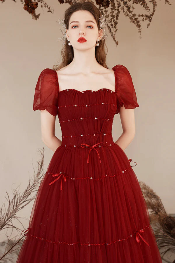 Burgundy Tulle Floor Length Prom Dresses Beautiful Short Sleeve Evening Dresses