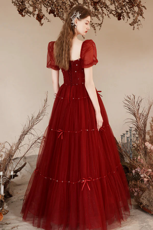 Burgundy Tulle Floor Length Prom Dresses Beautiful Short Sleeve Evening Dresses