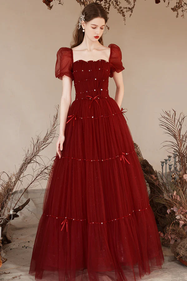 Burgundy Tulle Floor Length Prom Dresses Beautiful Short Sleeve Evening Dresses