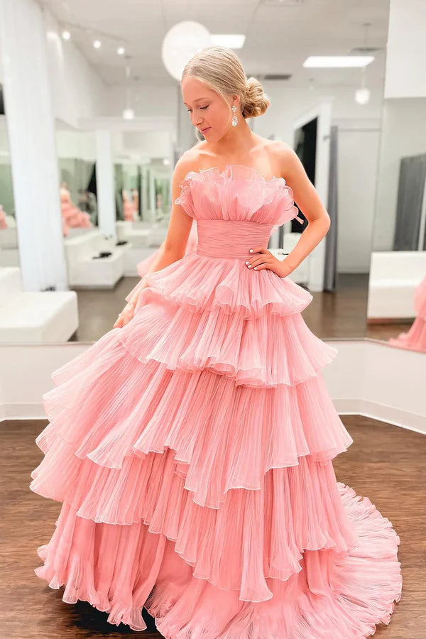 Pink Strapless Princess Tulle Layers Ruffles Long Prom Dress Pink Formal Evening Dress