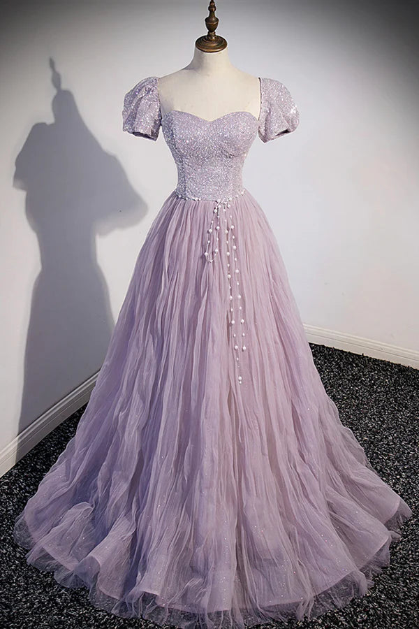 Purple Tulle Long A-Line Prom Dress Purple Short Sleeve Evening Party Dress