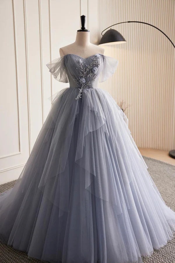 Gray Tulle Long Prom Dress Off Shoulder Evening Dress Party Dress