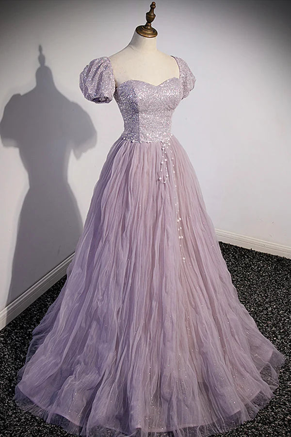 Purple Tulle Long A-Line Prom Dress Purple Short Sleeve Evening Party Dress