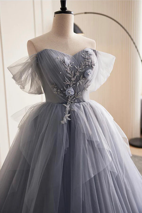 Gray Tulle Long Prom Dress Off Shoulder Evening Dress Party Dress