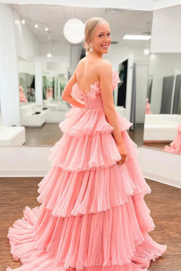 Pink Strapless Princess Tulle Layers Ruffles Long Prom Dress Pink Formal Evening Dress