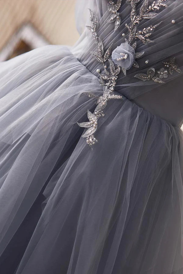 Gray Tulle Long Prom Dress Off Shoulder Evening Dress Party Dress