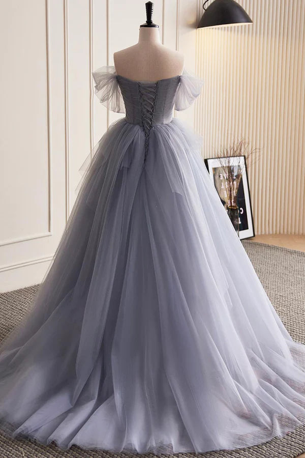 Gray Tulle Long Prom Dress Off Shoulder Evening Dress Party Dress