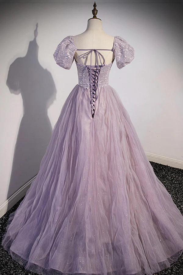 Purple Tulle Long A-Line Prom Dress Purple Short Sleeve Evening Party Dress