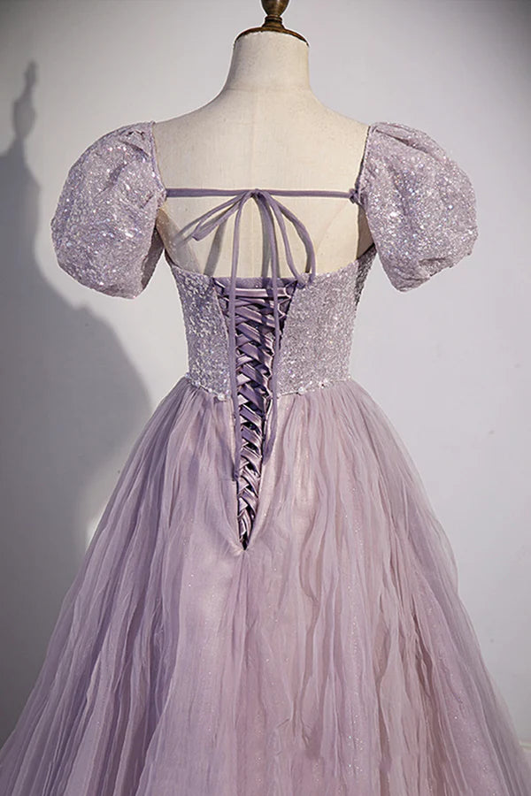 Purple Tulle Long A-Line Prom Dress Purple Short Sleeve Evening Party Dress