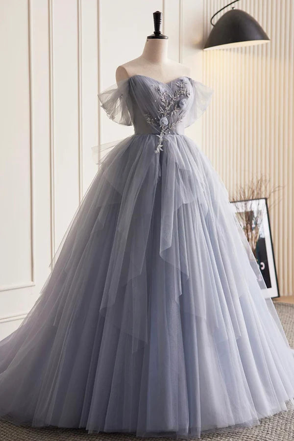 Gray Tulle Long Prom Dress Off Shoulder Evening Dress Party Dress