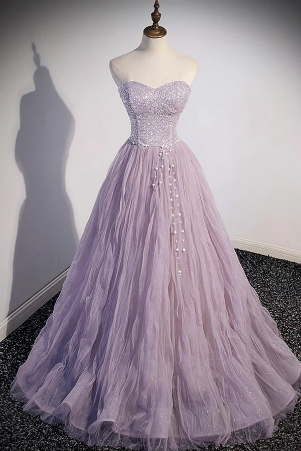 Purple Tulle Long A-Line Prom Dress Purple Short Sleeve Evening Party Dress