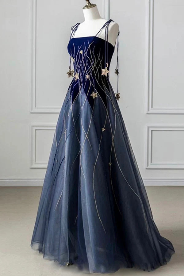 Blue Spaghetti Strap Long Prom Dress with Star Blue Evening Party Dress