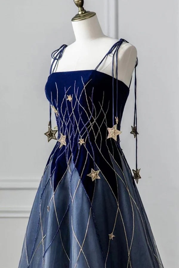 Blue Spaghetti Strap Long Prom Dress with Star Blue Evening Party Dress