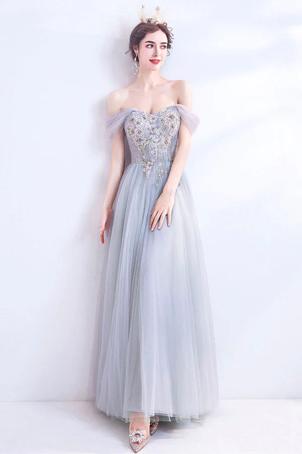 Gray Lace Long A-Line Prom Dress Off the Shoulder Evening Party Dress