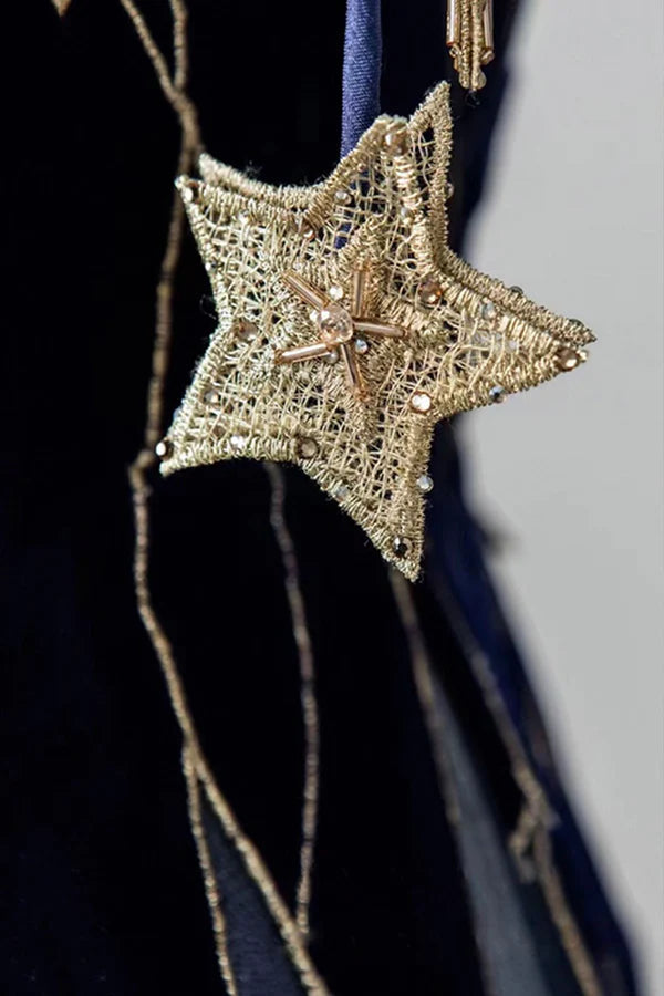 Blue Spaghetti Strap Long Prom Dress with Star Blue Evening Party Dress