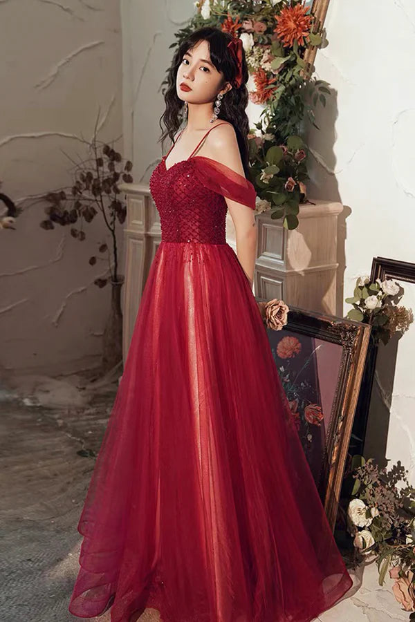 Burgundy Tulle Beaded Long Prom Dress Beautiful Spaghetti Strap Evening Party Dress