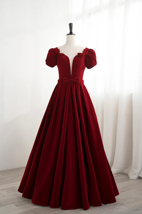 Burgundy Velvet Velvet Long Prom Dress Cute Short Sleeve Party Dress