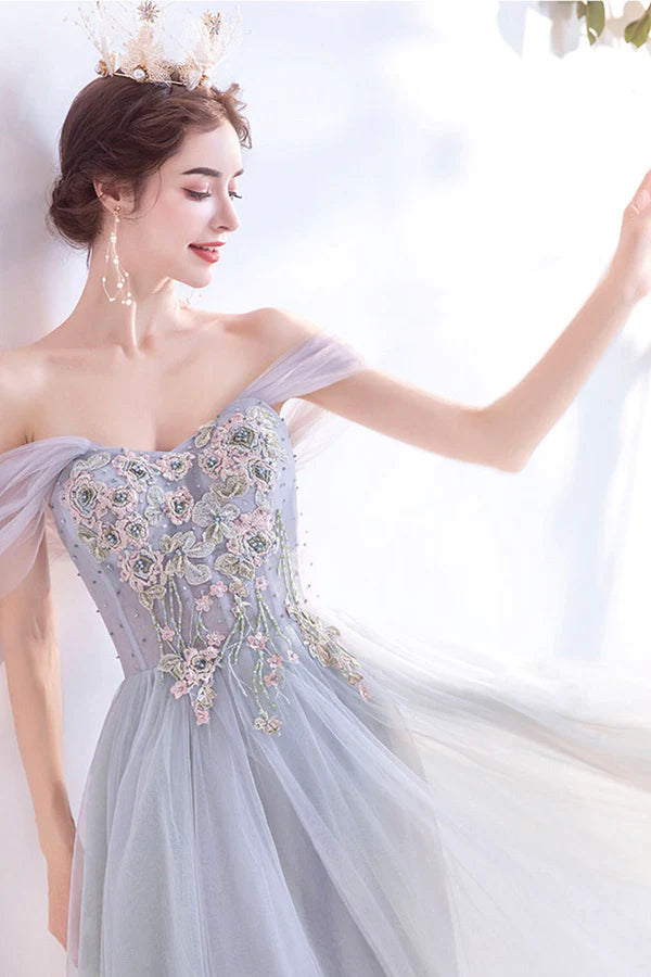 Gray Lace Long A-Line Prom Dress Off the Shoulder Evening Party Dress