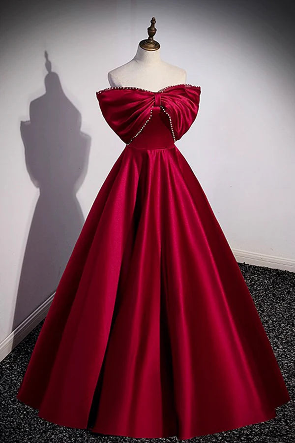 Burgundy Satin Floor Length Prom Dress A-Line Off the Shoulder Evening Party Dress