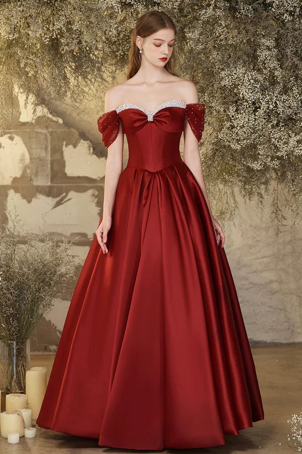 Burgundy Satin Long Prom Dress Beautiful Off the Shoulder A-Line Formal Evening Dress