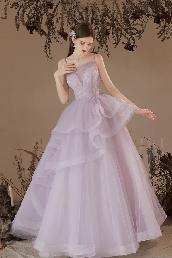Light Purple Tulle Spaghetti Straps Floor Length Party Dress Light Purple Evening Prom Dress