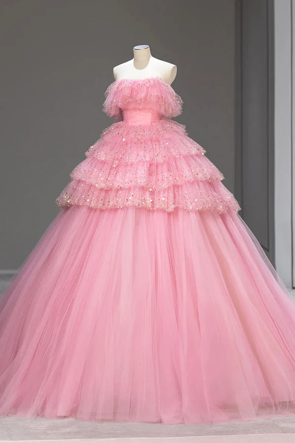 Ball Gown Pink Tulle Sequins Long Prom Evening Dress Beautiful Pink Strapless Sweet 16 Dress