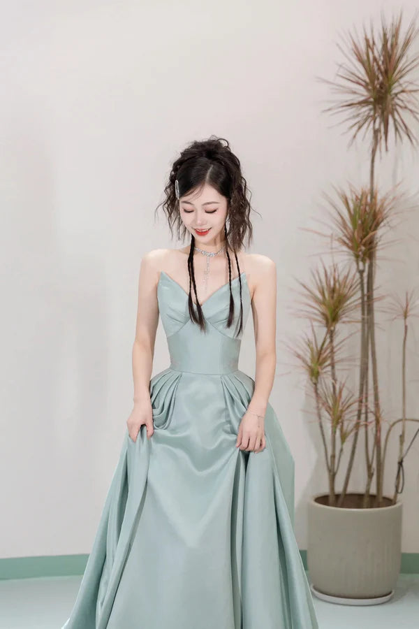 Unique Satin Floor Length Prom Dress A-line Strapless Formal Evening Dress