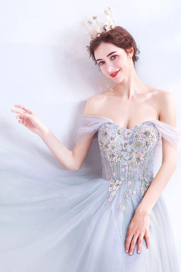 Gray Lace Long A-Line Prom Dress Off the Shoulder Evening Party Dress