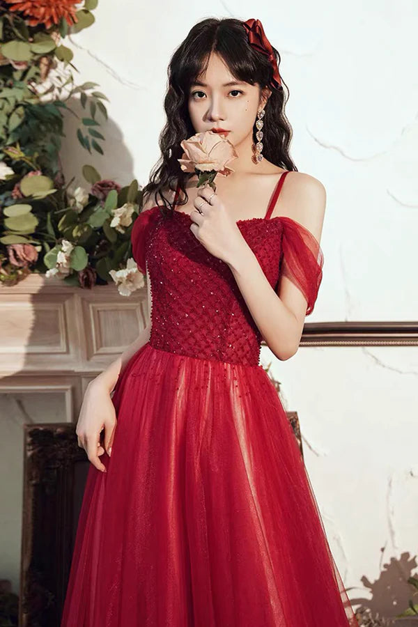 Burgundy Tulle Beaded Long Prom Dress Beautiful Spaghetti Strap Evening Party Dress