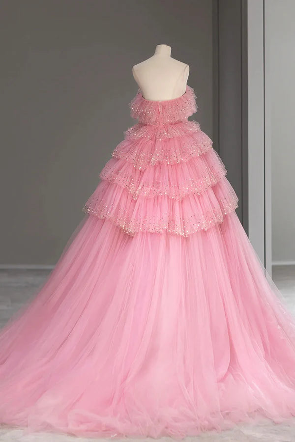 Ball Gown Pink Tulle Sequins Long Prom Evening Dress Beautiful Pink Strapless Sweet 16 Dress