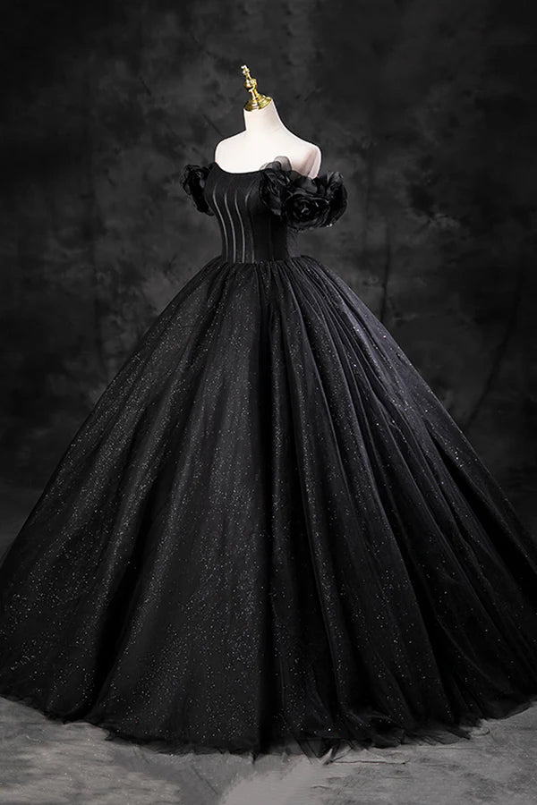 Black Tulle Floor Length A-Line Prom Dress Off the Shoulder Evening Party Dress