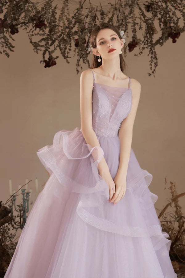 Light Purple Tulle Spaghetti Straps Floor Length Party Dress Light Purple Evening Prom Dress