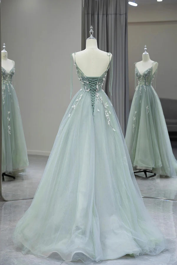 Stylish Spaghetti Strap Tulle Floor Length Formal Dress Gray Green V-Neck Backless Party Dress