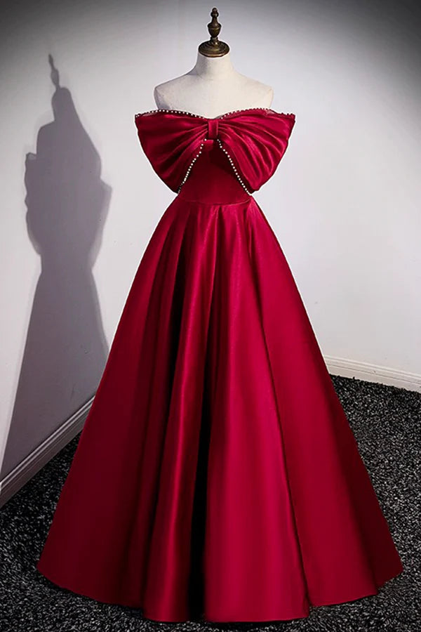 Burgundy Satin Floor Length Prom Dress A-Line Off the Shoulder Evening Party Dress