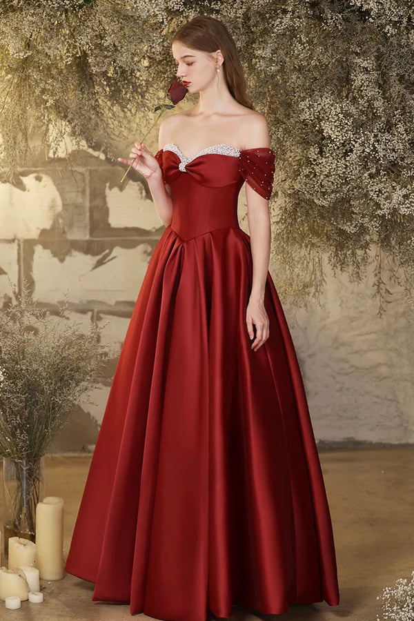 Burgundy Satin Long Prom Dress Beautiful Off the Shoulder A-Line Formal Evening Dress