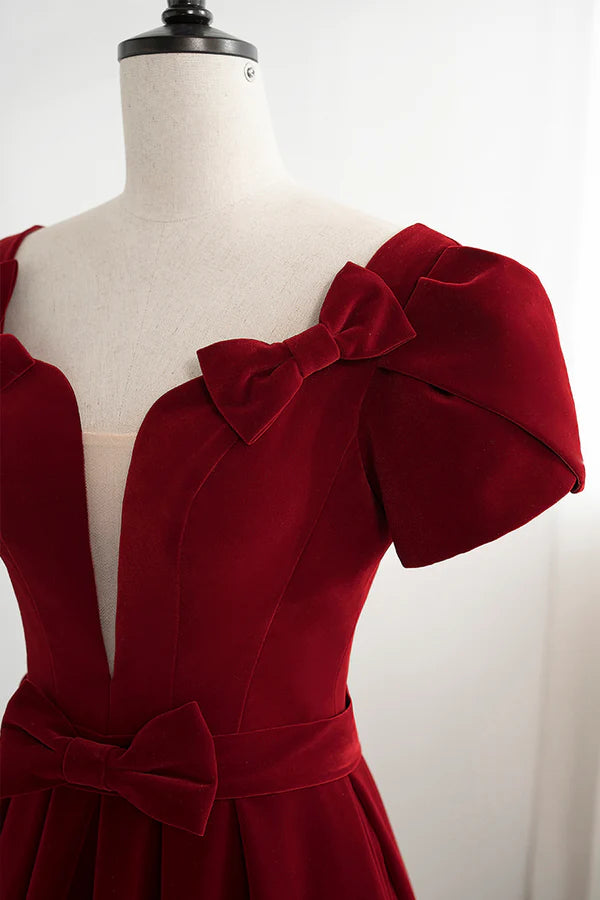 Burgundy Velvet Velvet Long Prom Dress Cute Short Sleeve Party Dress