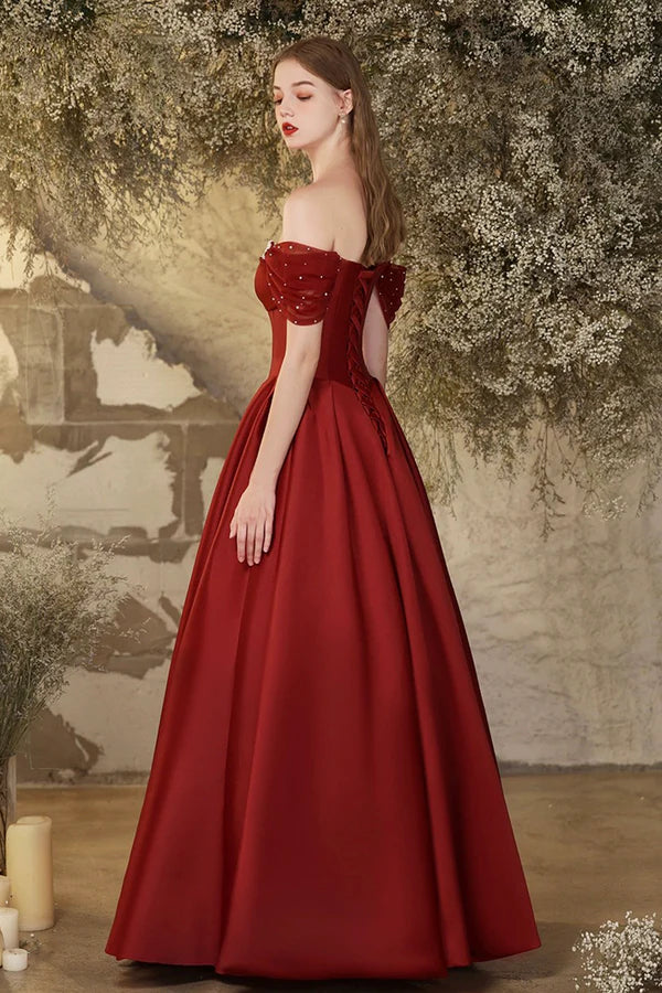 Burgundy Satin Long Prom Dress Beautiful Off the Shoulder A-Line Formal Evening Dress