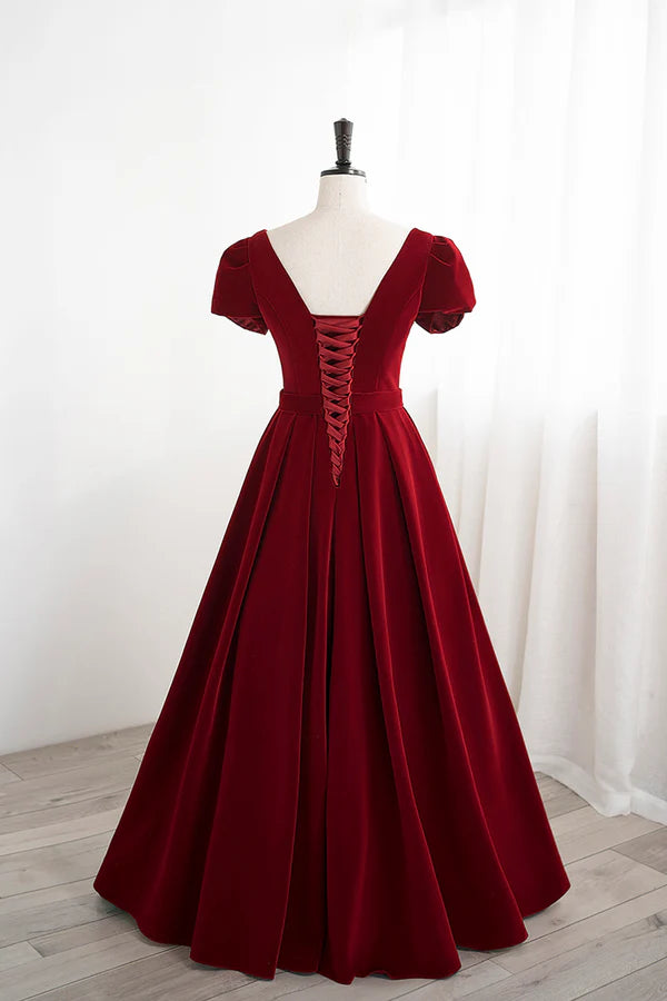 Burgundy Velvet Velvet Long Prom Dress Cute Short Sleeve Party Dress