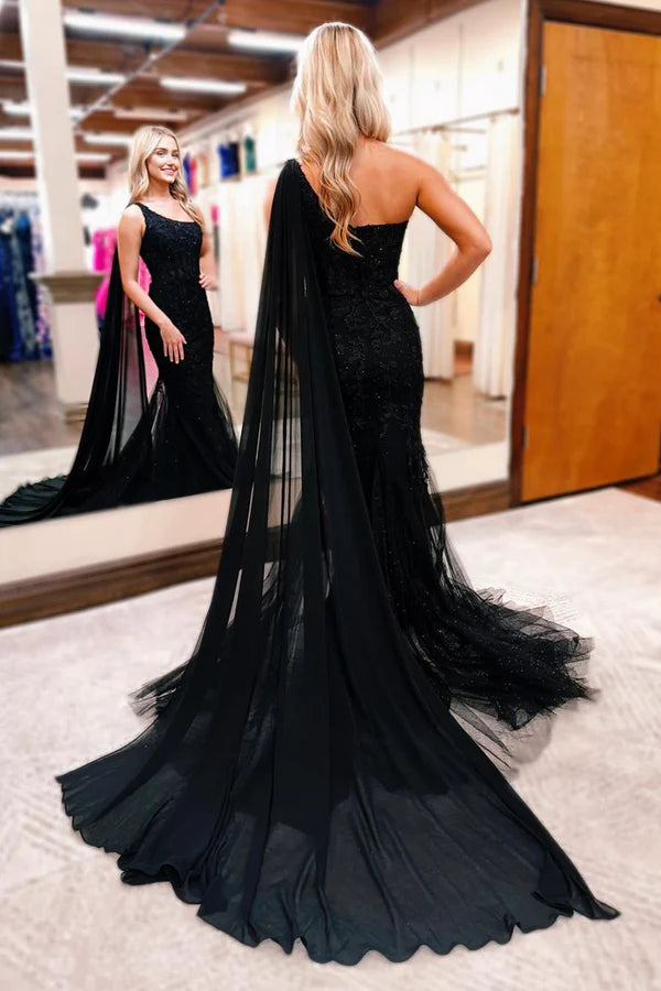 Black One Shoulder Lace Long Prom Dress Mermaid Tulle Evening Party Dress