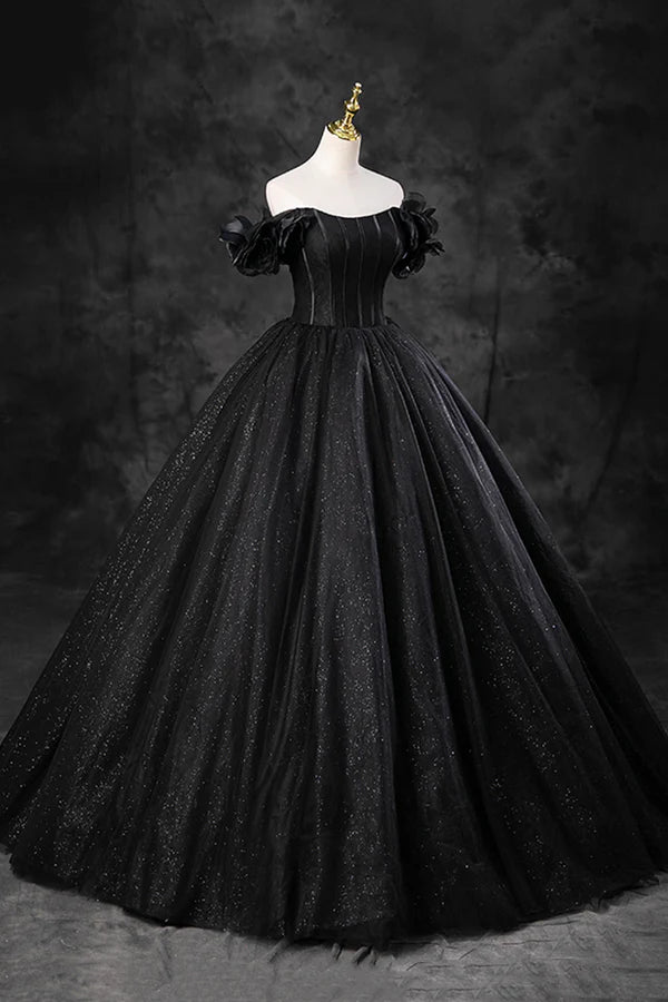 Black Tulle Floor Length A-Line Prom Dress Off the Shoulder Evening Party Dress