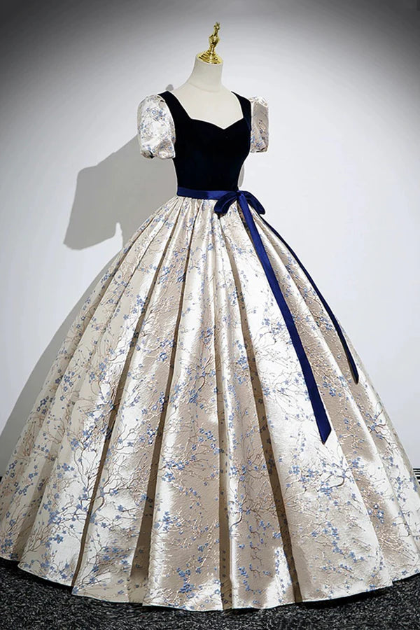 Blue Velvet Floor-Length Printing Prom Dresses A-Line Short Sleeve Evening Formal Dresses