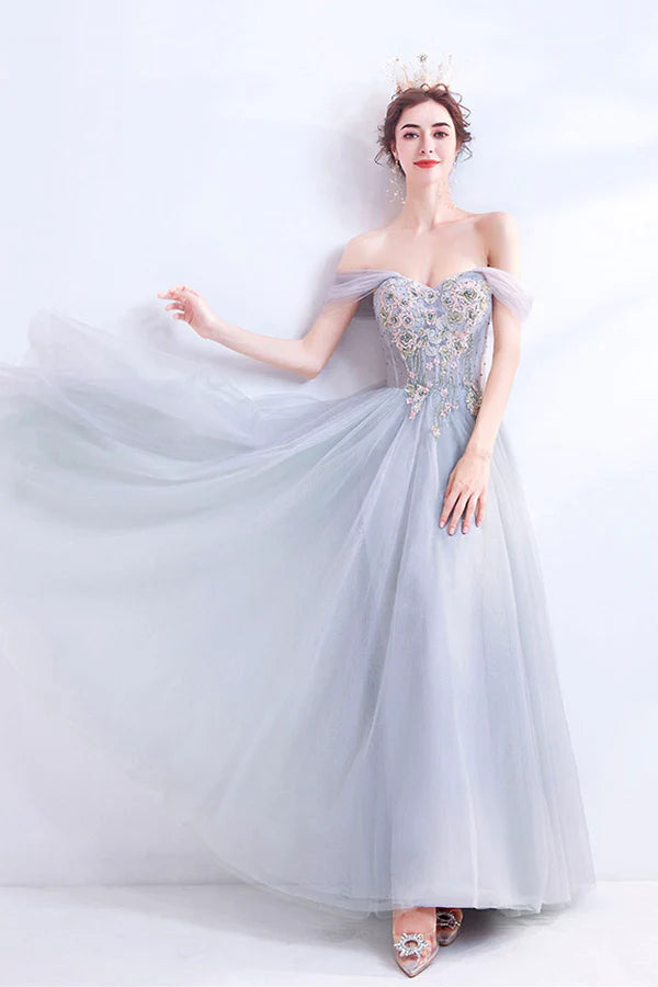 Gray Lace Long A-Line Prom Dress Off the Shoulder Evening Party Dress
